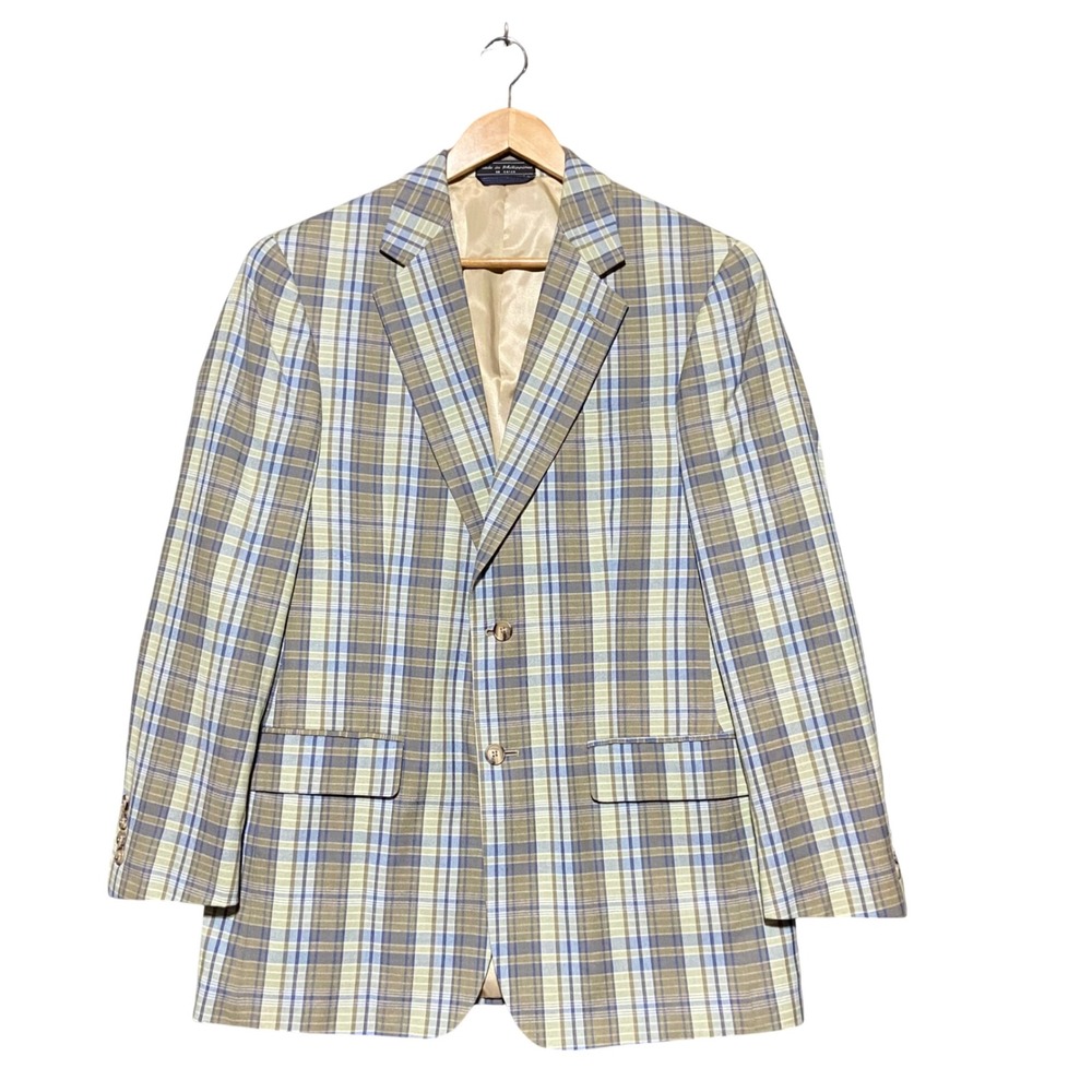 Haspel Nathan Mens 38R Madras Plaid Blazer 100% Cotton Tan Blue Green Sport Coat